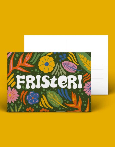 Afbeelding van Surinaamse ansichtkaart met de tekst 'Fristeri' omringt met kleurrijke bloemen
